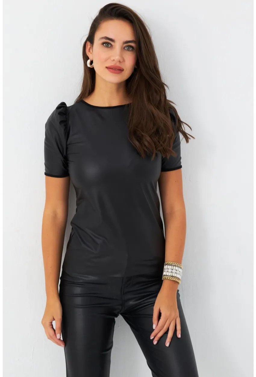 Kadın Siyah Balon Kol Sıvama Bluz TF35