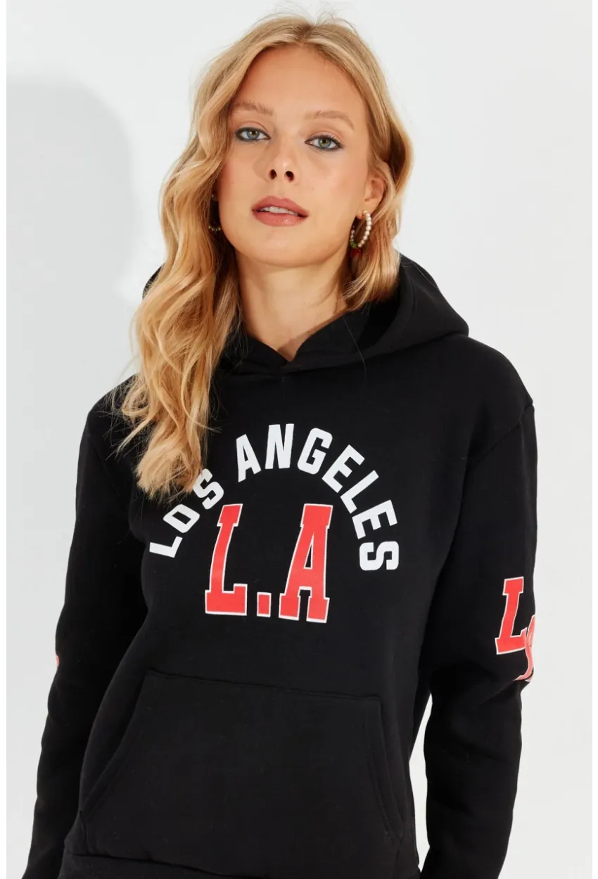 Kadın Siyah Baskılı Kapüşonlu Sweatshirt DA146