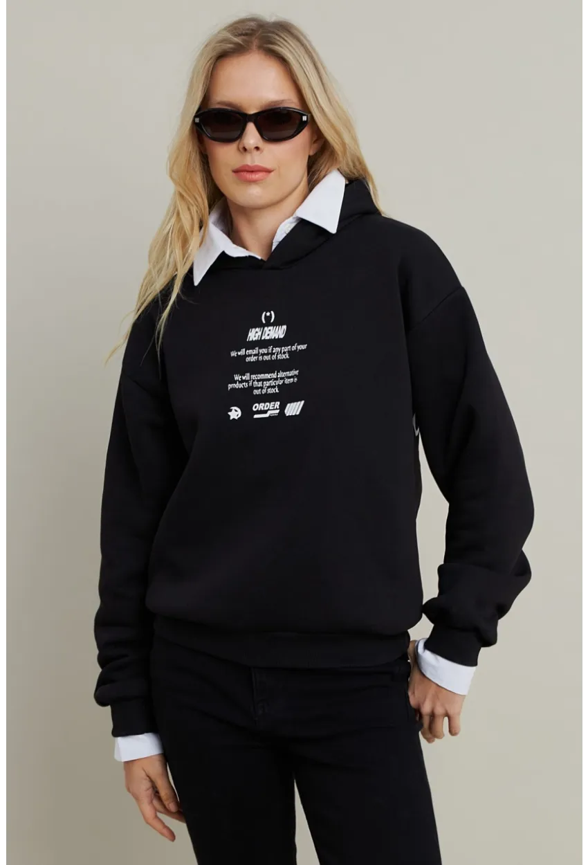 Kadın Siyah Baskılı Kapüşonlu Sweatshirt DY1451