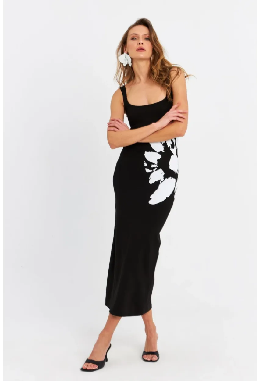 Kadın Siyah Baskılı Midi Elbise B5005-5