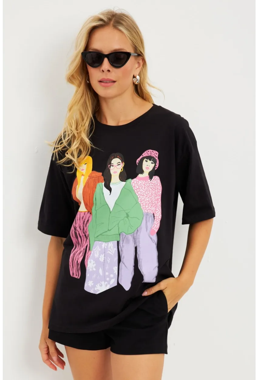 Kadın Siyah Baskılı T-Shirt DY1329
