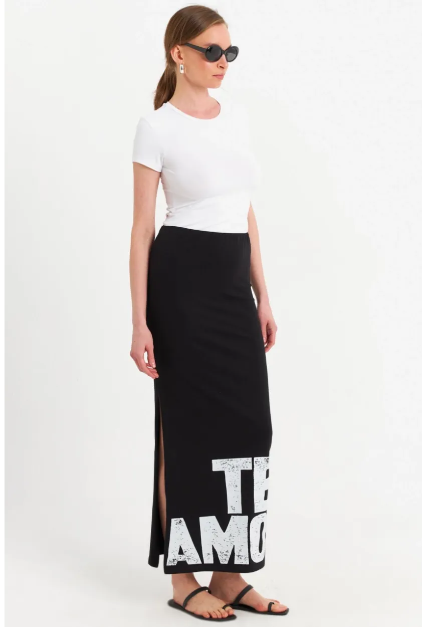 Kadın Siyah Baskılı Yırtmaçlı Midi Etek TPG09