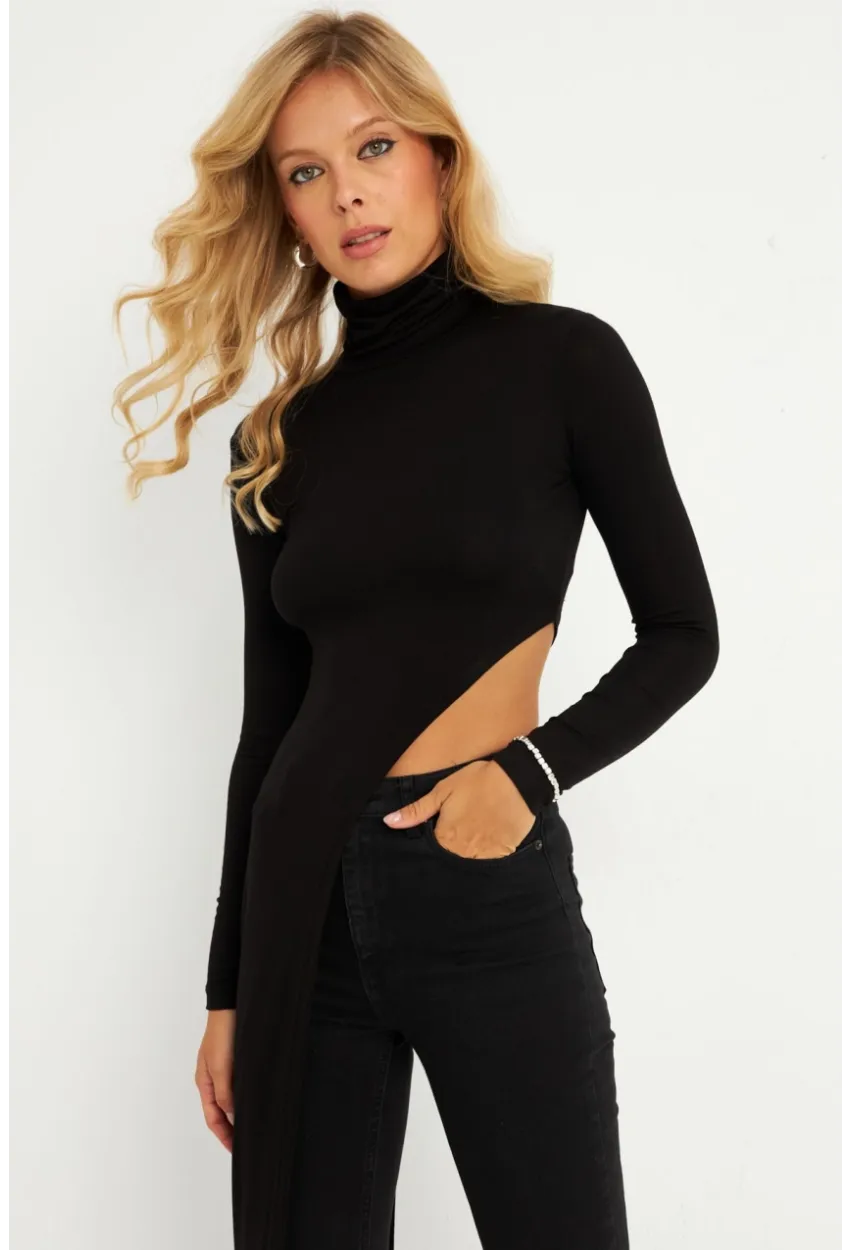 Kadın Siyah Beli Açık Asimetrik Balıkçı Uzun Bluz EY2902