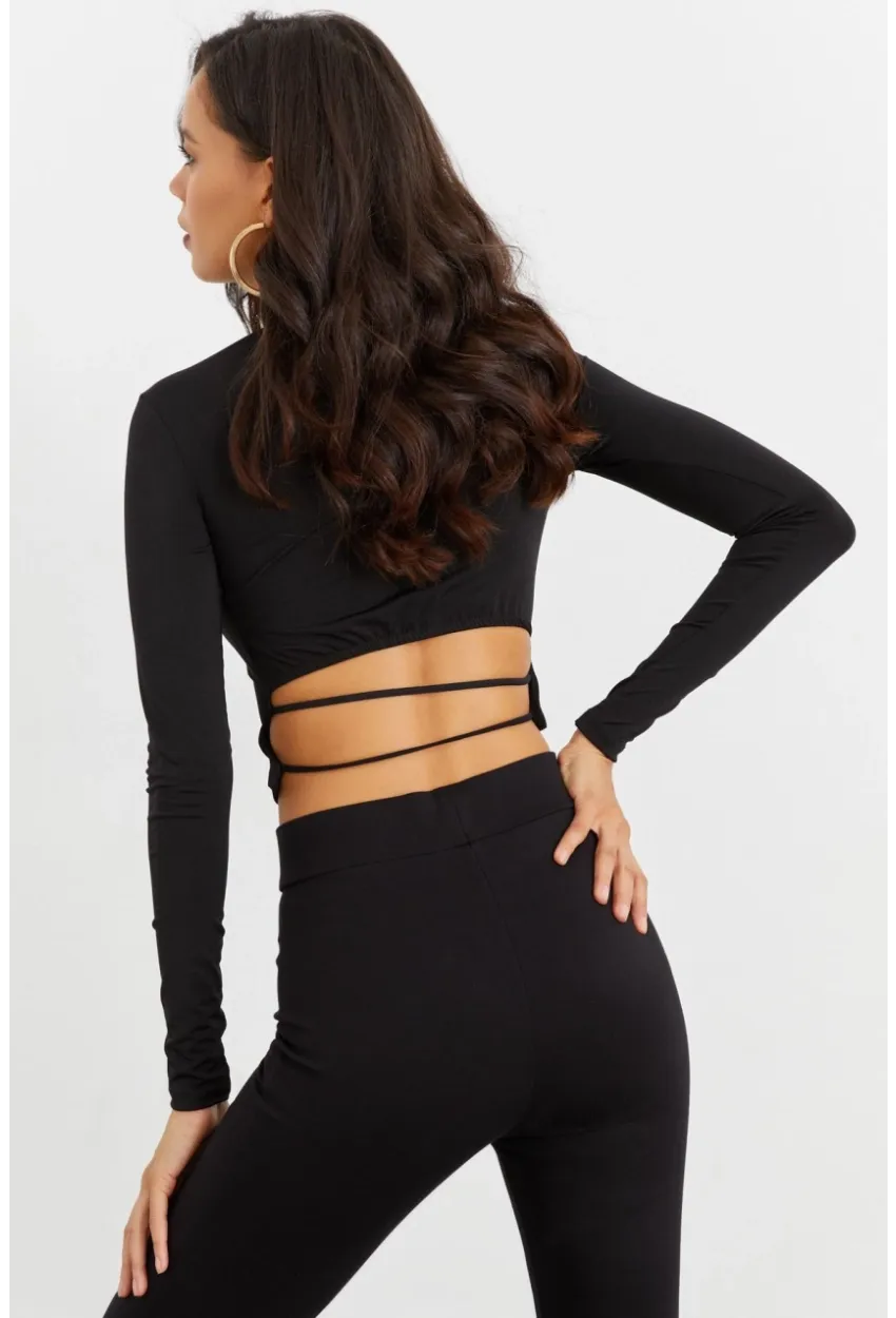Kadın Siyah Beli Açık Crop Bluz GÇ115