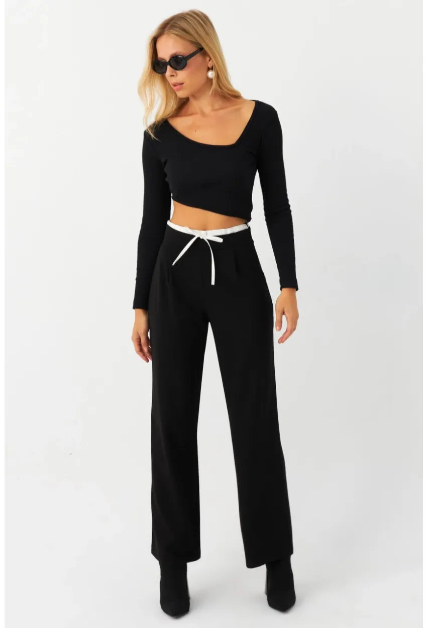 Kadın Siyah Beli Bağlamalı Palazzo Pantolon ELA3972