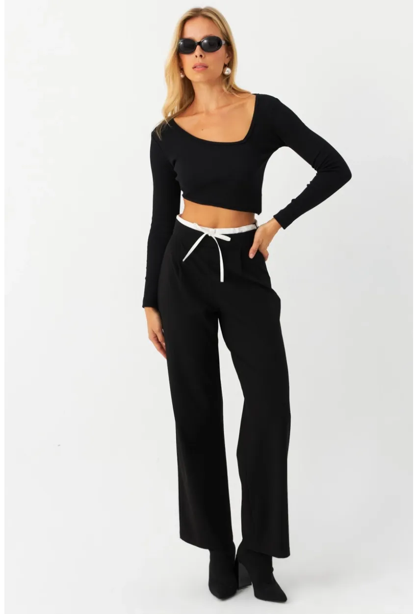 Kadın Siyah Beli Bağlamalı Palazzo Pantolon ELA3972