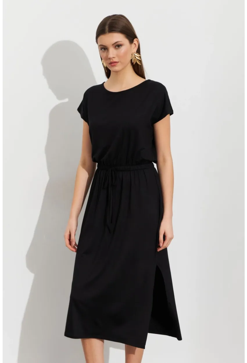 Kadın Siyah Beli Büzülebilir Midi Elbise MURO1193