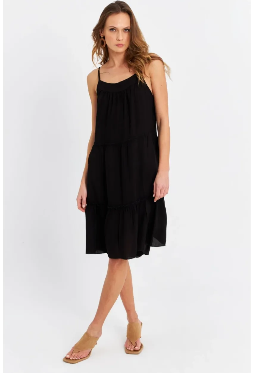 Kadın Siyah Beli İpli Midi Elbise PC22756