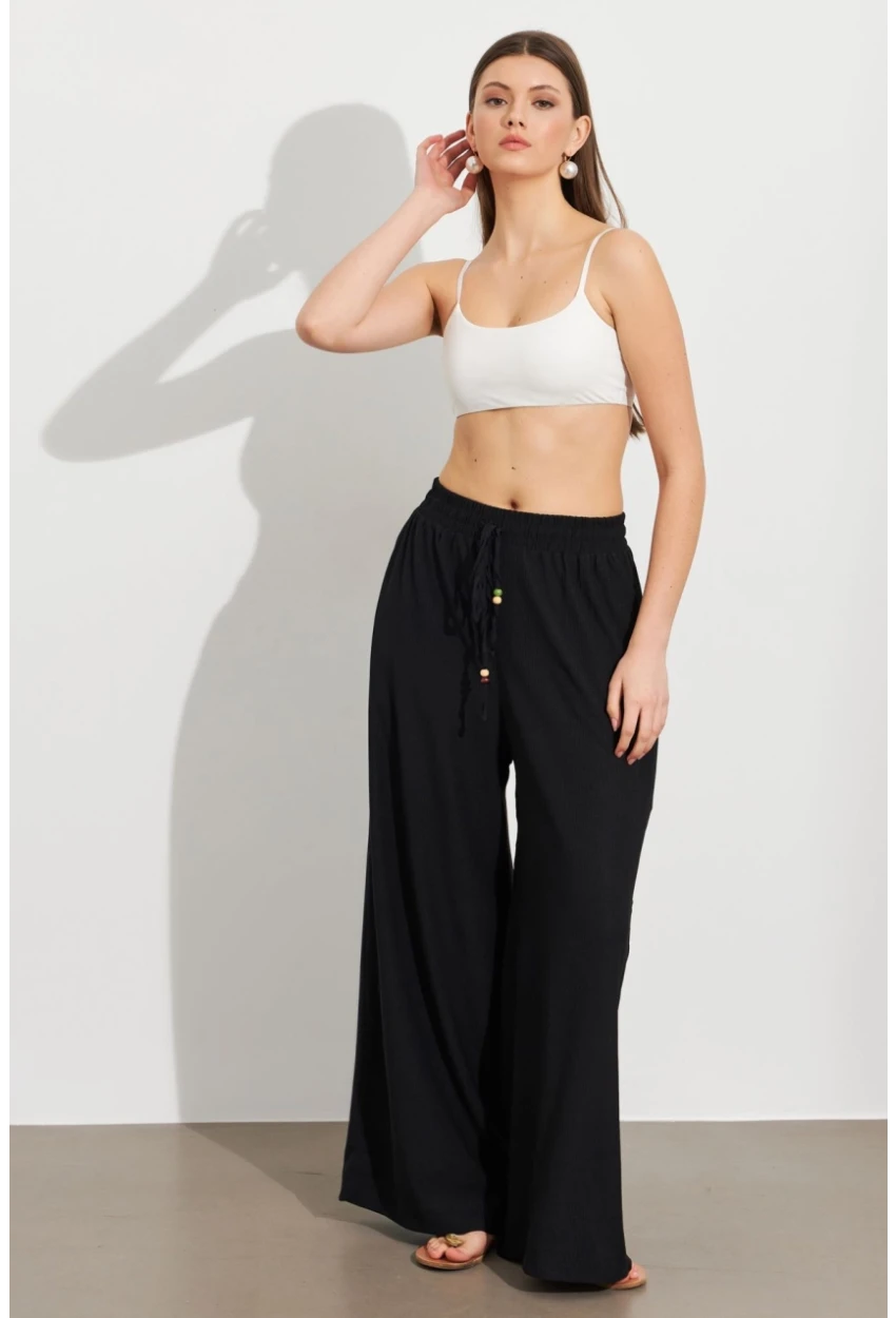 Kadın Siyah Beli Lastikli Bürümcük Pantolon ROP105