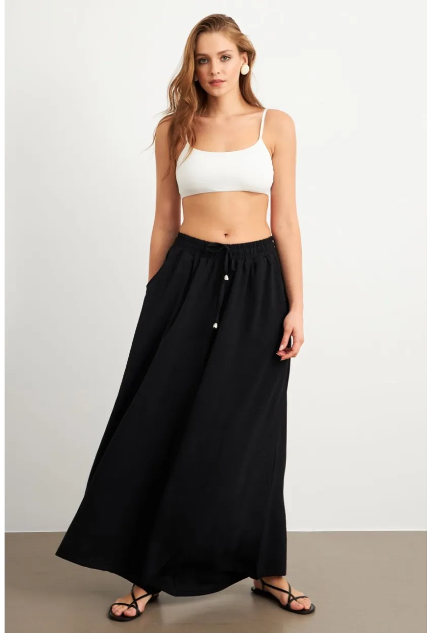 Kadın Siyah Beli Lastikli Cepli Palazzo Pantolon Sİ1155