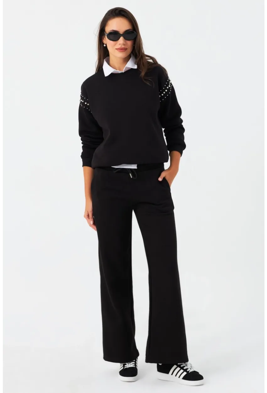 Kadın Siyah Beli Lastikli Palazzo Eşofman Altı ZM30