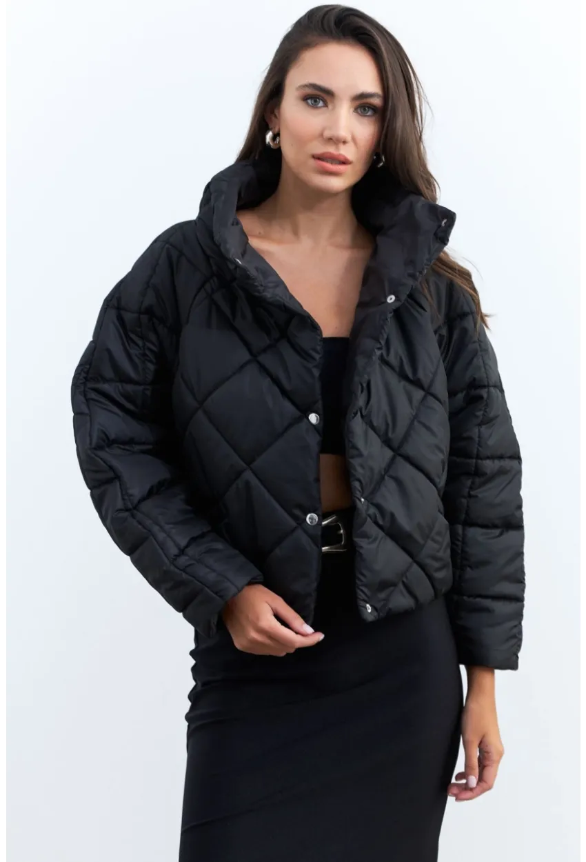 Kadın Siyah Beli Lastikli Yarasa Kol Şişme Mont MX11