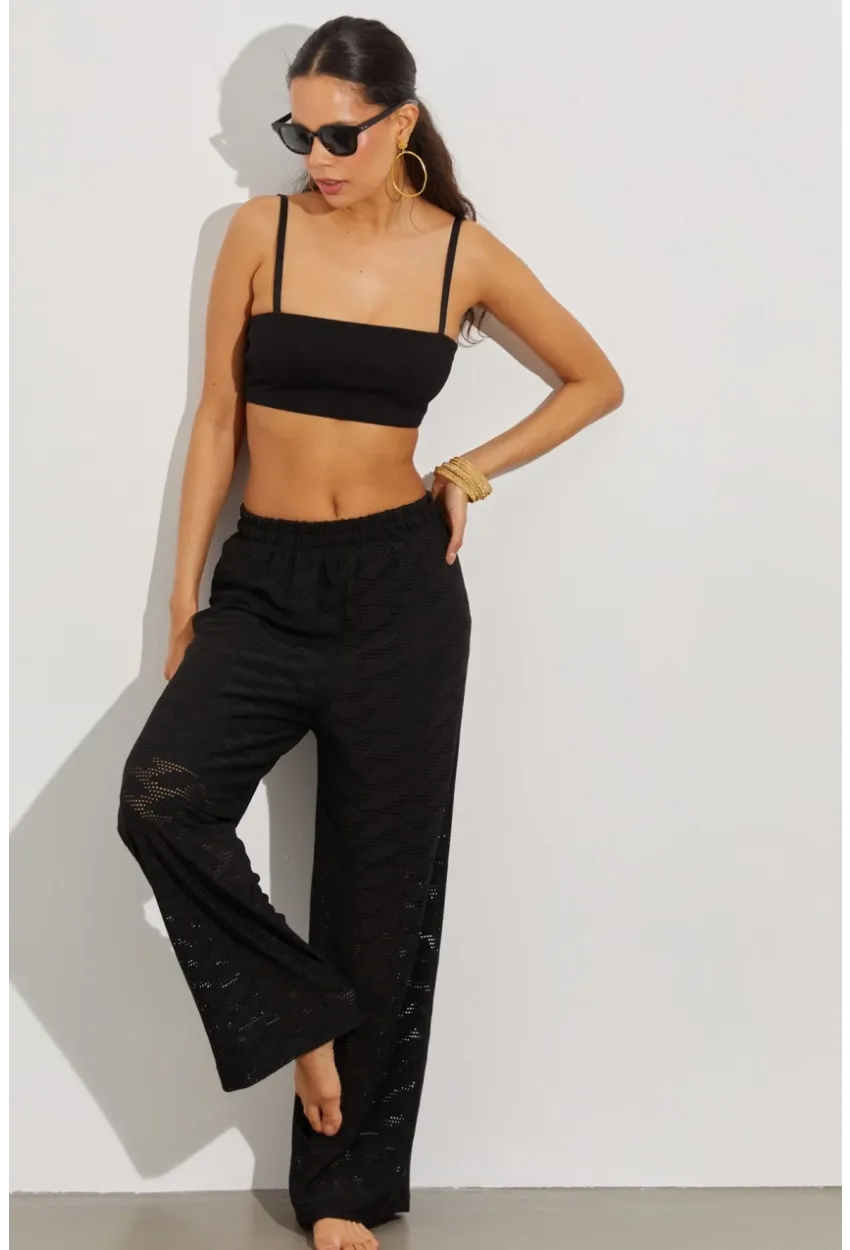 Kadın Siyah Beli Lastikli Yarım Astarlı Brode Pantolon TW80018