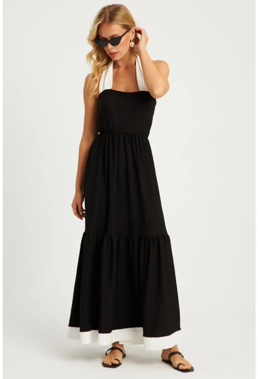 Kadın Siyah-Beyaz Bürümcük Volanlı Midi Elbise EY2836