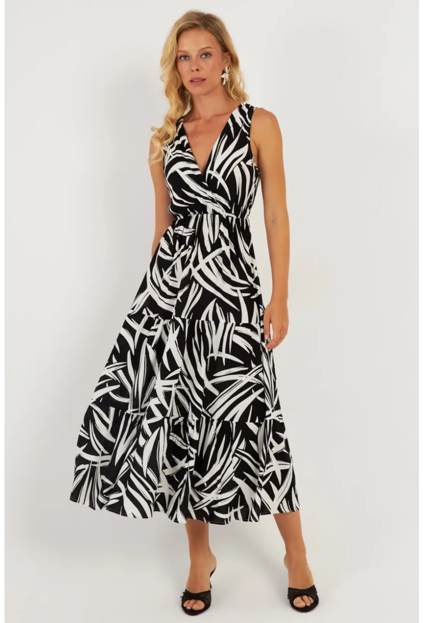 Kadın Siyah-Beyaz Desenli Kruvaze Midi Elbise YZ634