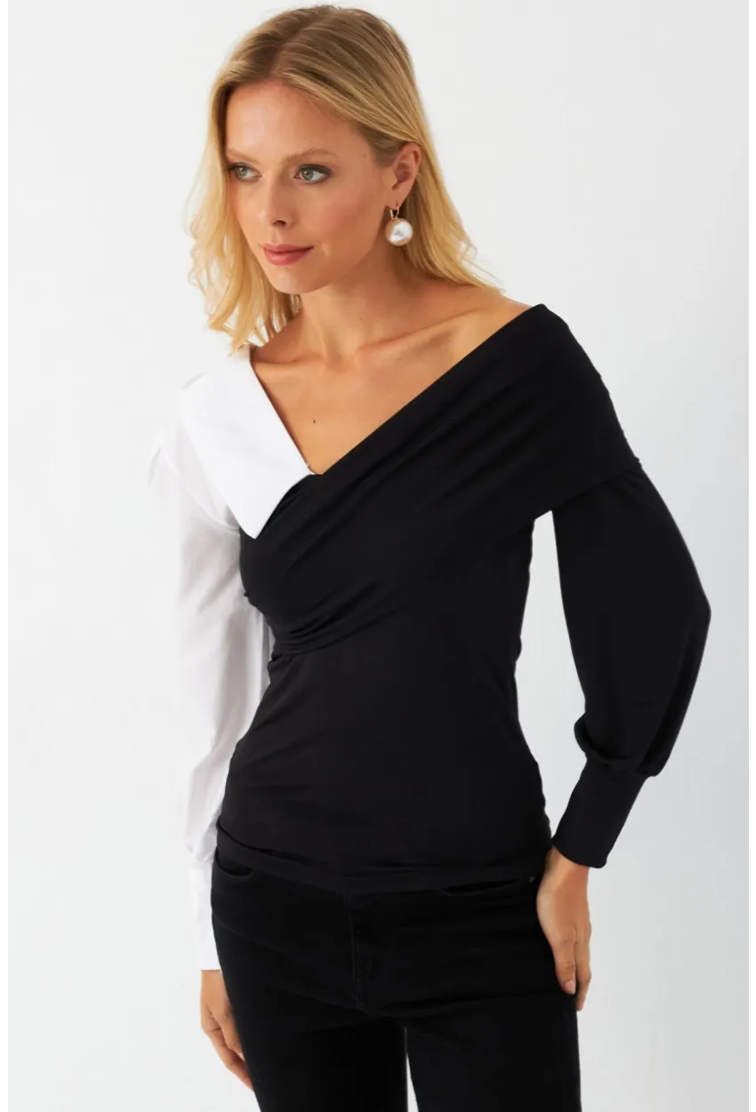 Kadın Siyah-Beyaz Kruvaze Bluz LİK8