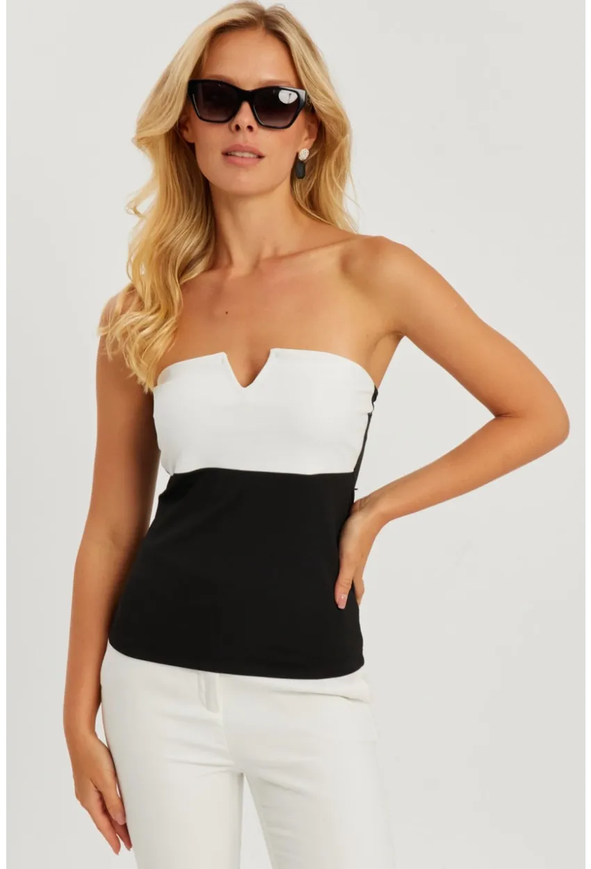 Kadın Siyah-Beyaz Straplez Bluz EY2793