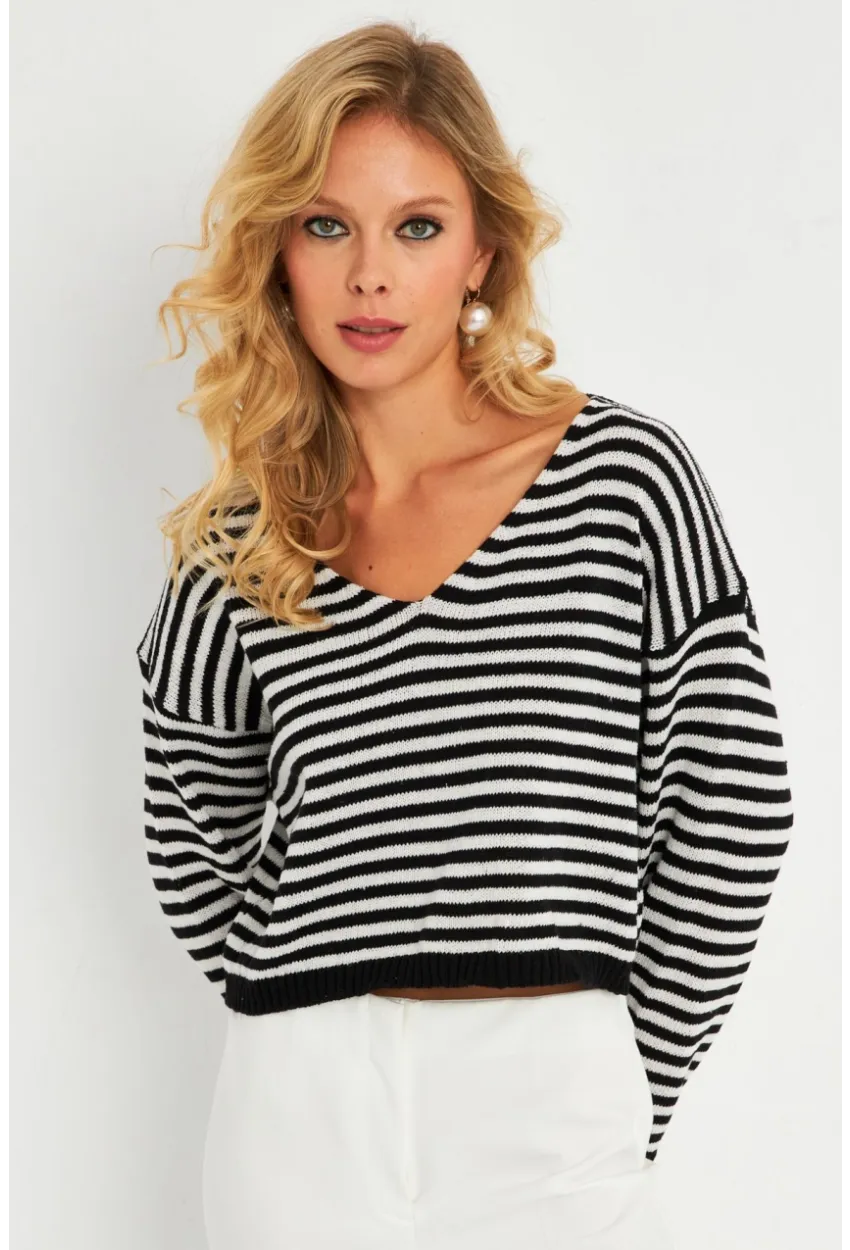 Kadın Siyah-Beyaz V Yaka Çizgili Bluz YV280