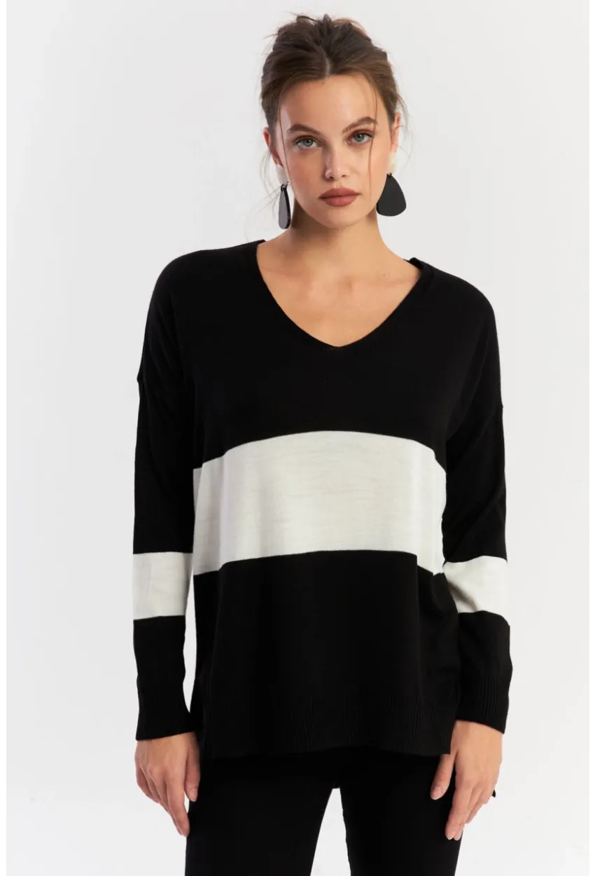Kadın Siyah-Beyaz V Yaka Triko Bluz YİL555