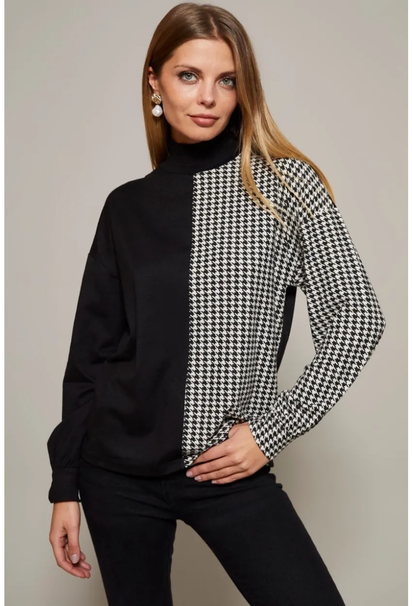 Kadın Siyah-Beyaz Yarım Balıkçı Kazayağı Desen Bluz MYİ2037