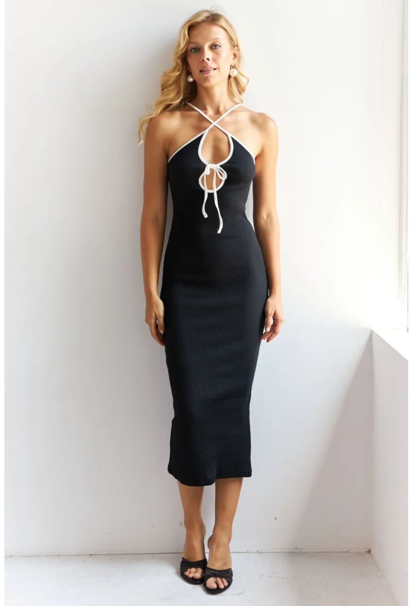 Kadın Siyah Biyeli Kaşkorse Midi Elbise XL2024