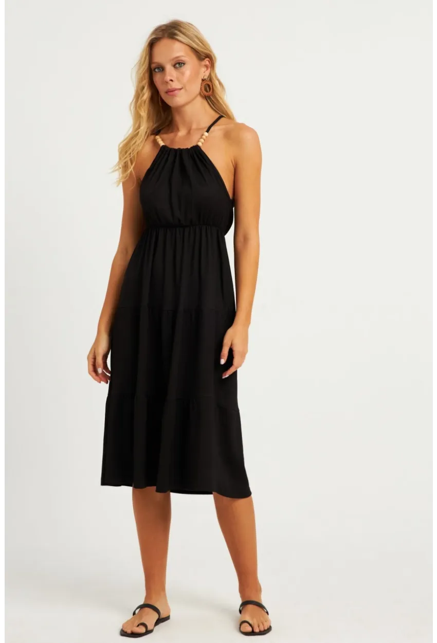 Kadın Siyah Boncuk Detaylı Bürümcük Midi Elbise HO52