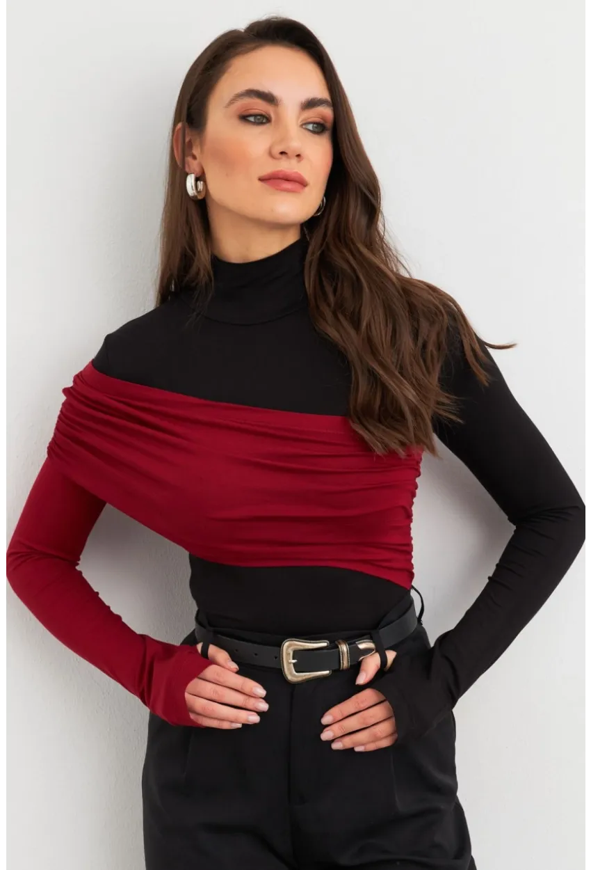 Kadın Siyah-Bordo Bloklu Bluz EY3018