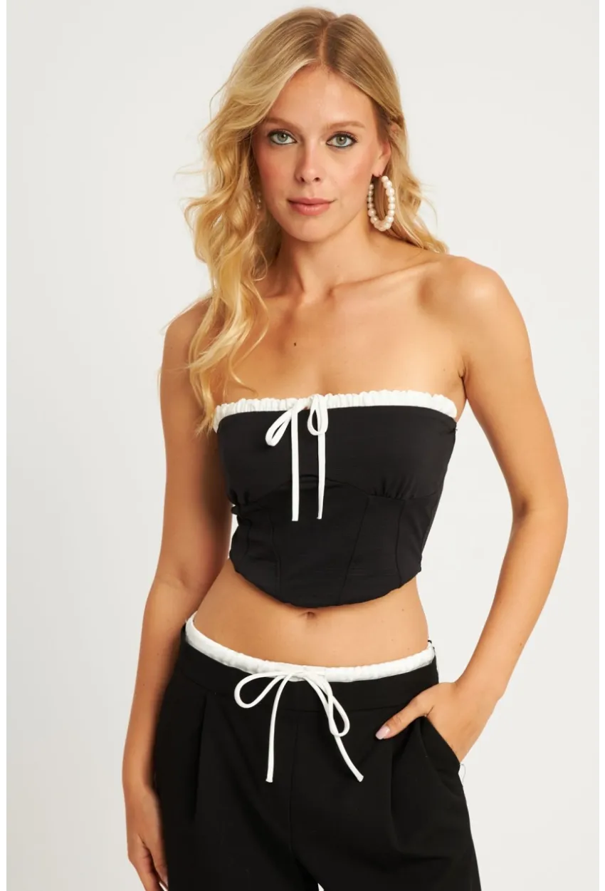 Kadın Siyah Boyun Bağlamalı Crop Bluz MON133