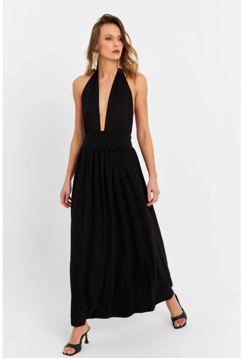 Kadın Siyah Boyun Bağlamalı Maxi Elbise EY3075