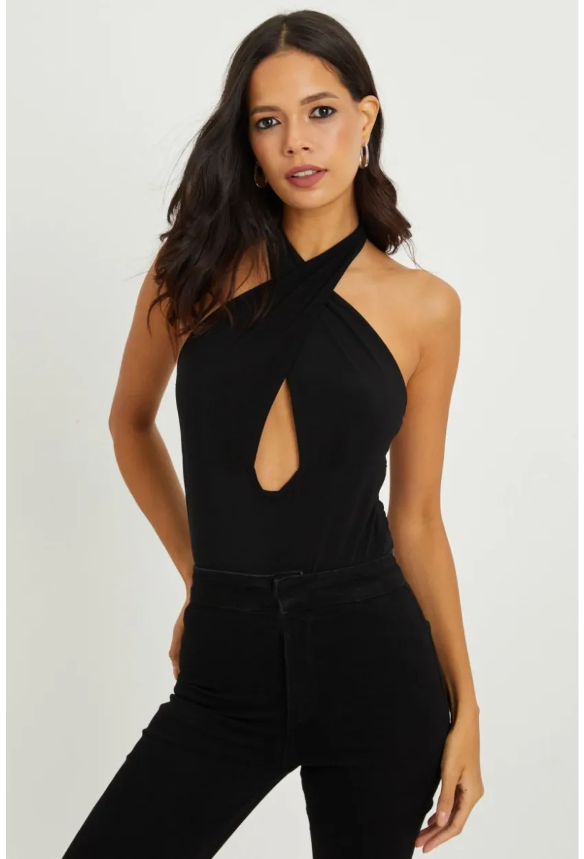 Kadın Siyah Boyundan Bağlamalı Sırtı Açık Body B203-9