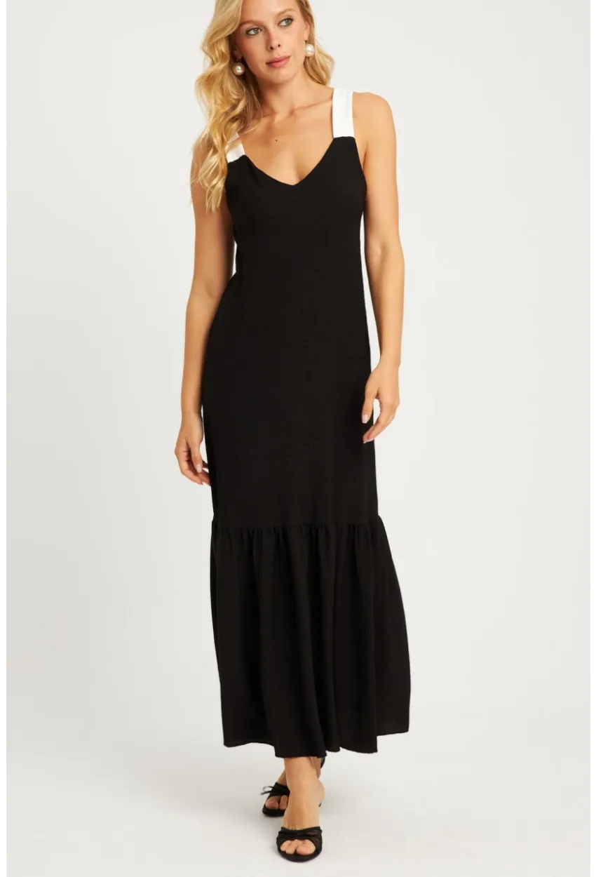 Kadın Siyah Bürümcük Kontrast Midi Elbise EY2829