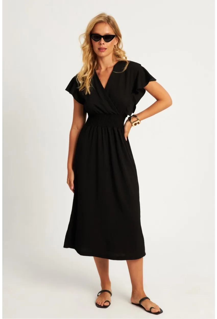 Kadın Siyah Bürümcük Kruvaze Midi Elbise XL2008