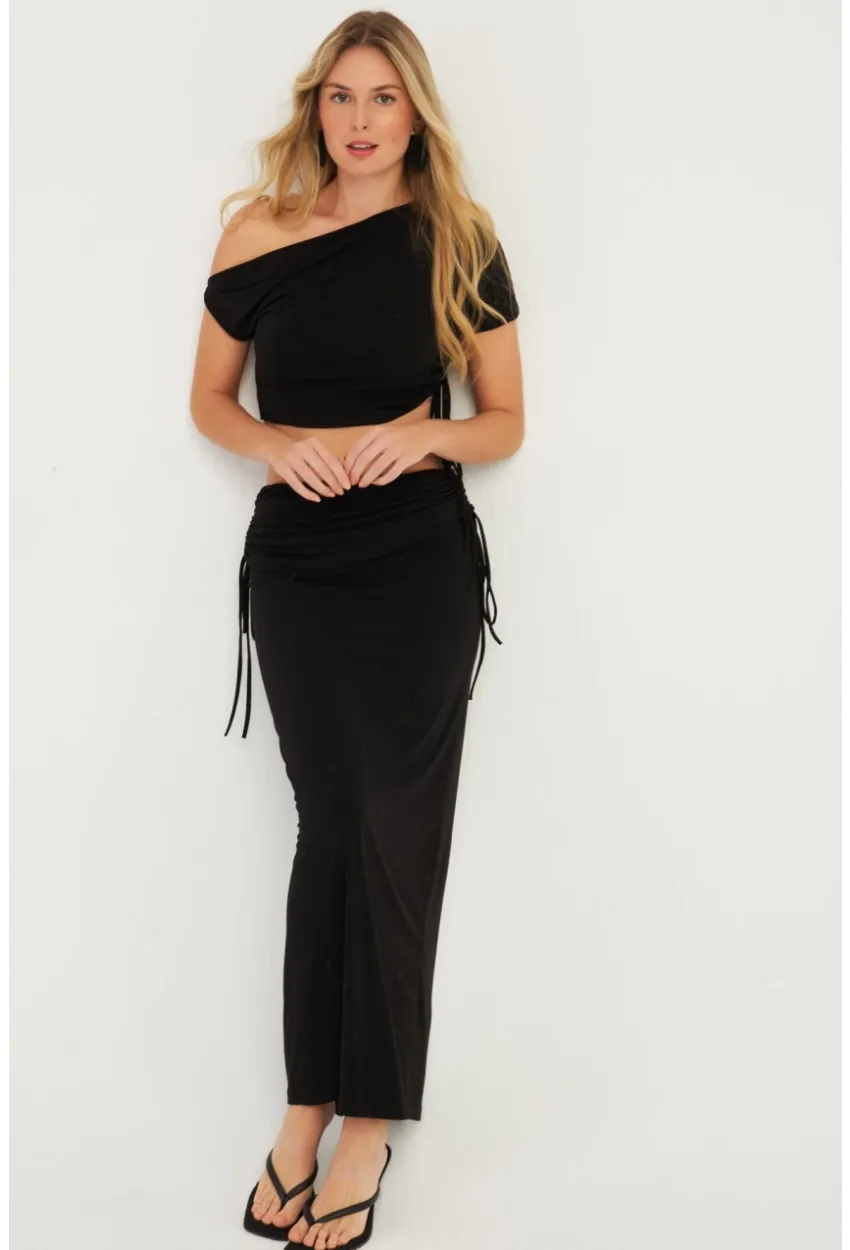 Kadın Siyah Büzgülü Alt Üst  Etek Takım YEL88