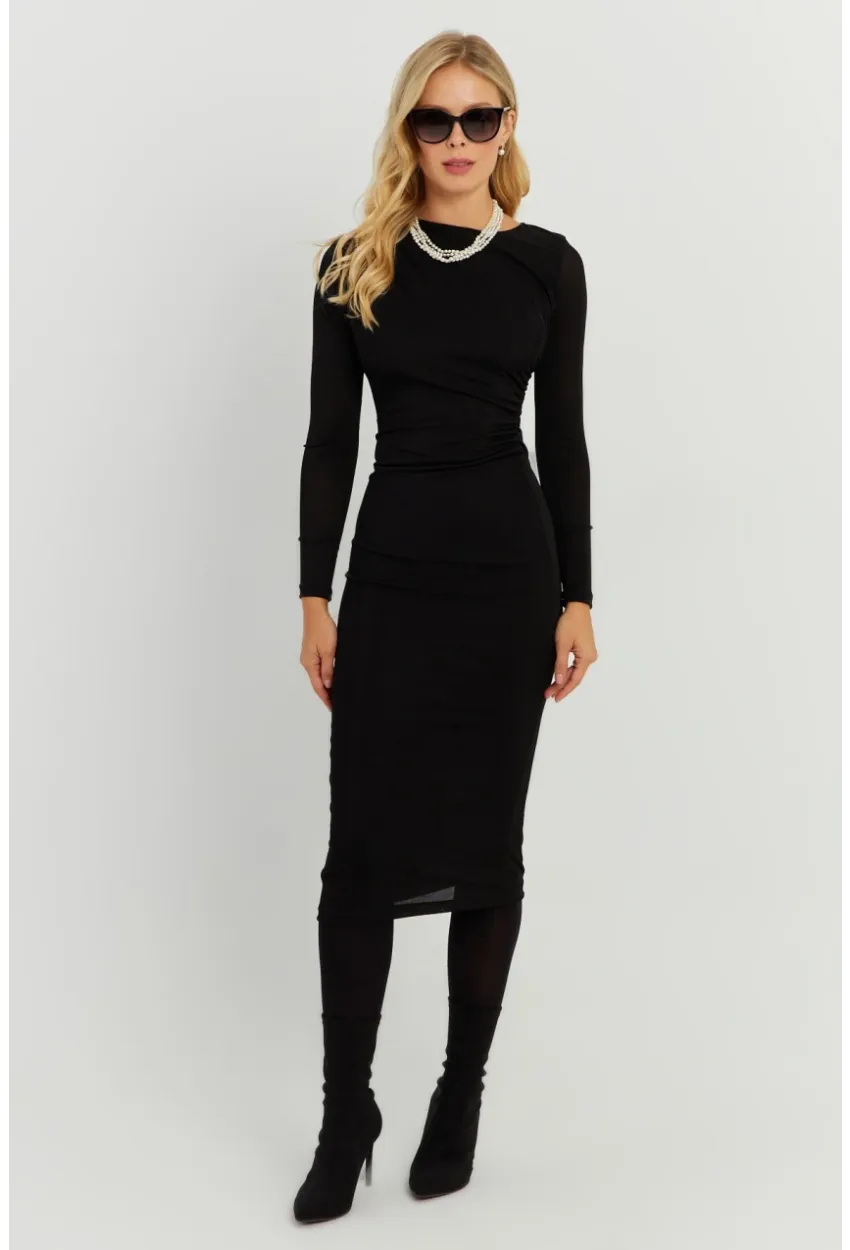 Kadın Siyah Büzgülü Buzi Midi Elbise KED147