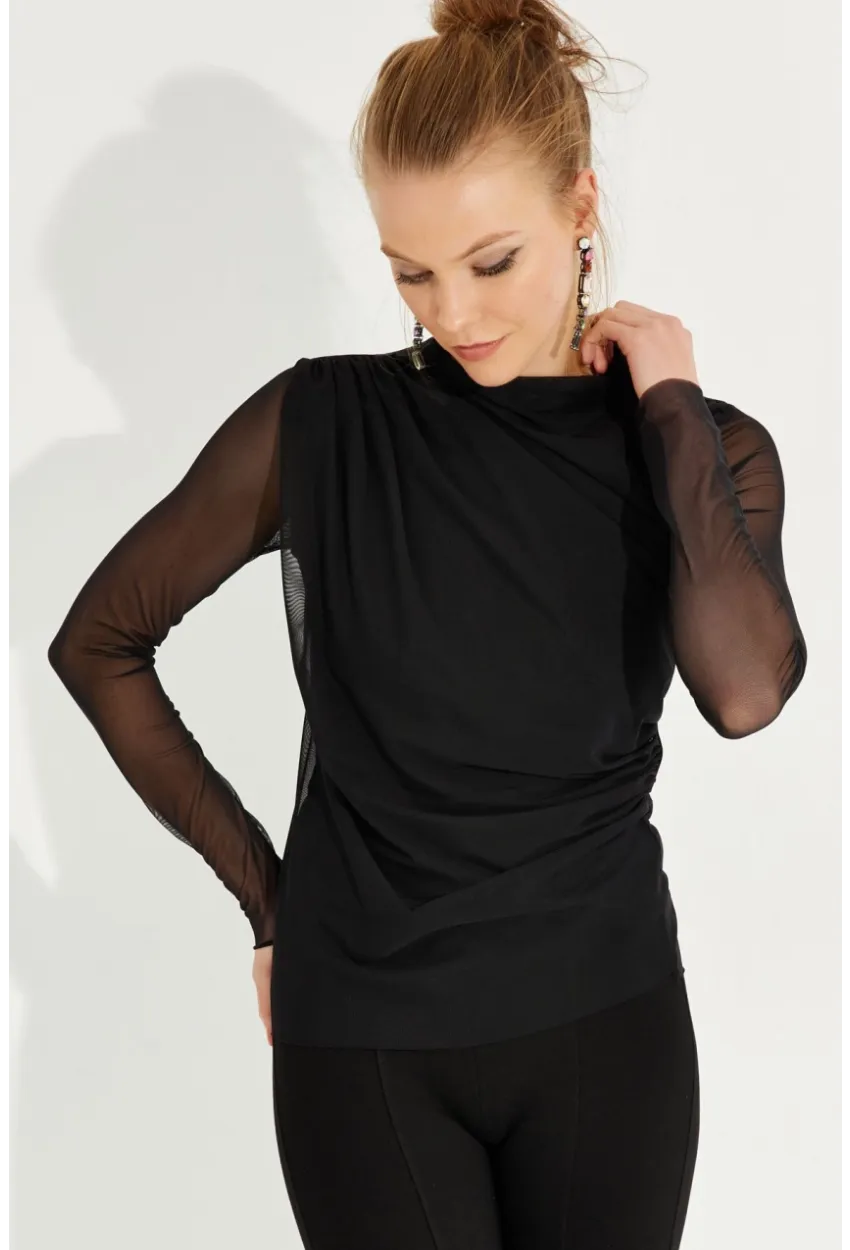 Kadın Siyah Büzgülü Drapeli Tül Bluz LPP1244