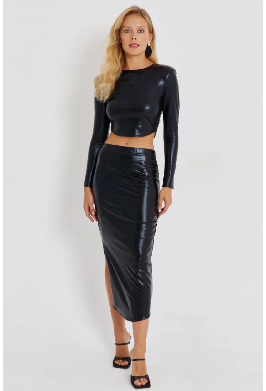 Kadın Siyah Büzgülü Parlak Etek Takım KED4046