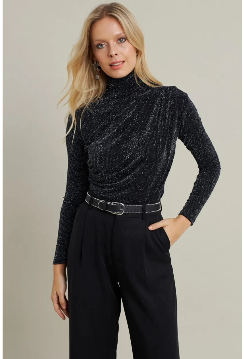 Kadın Siyah Büzgülü Simli Bluz ELT3568