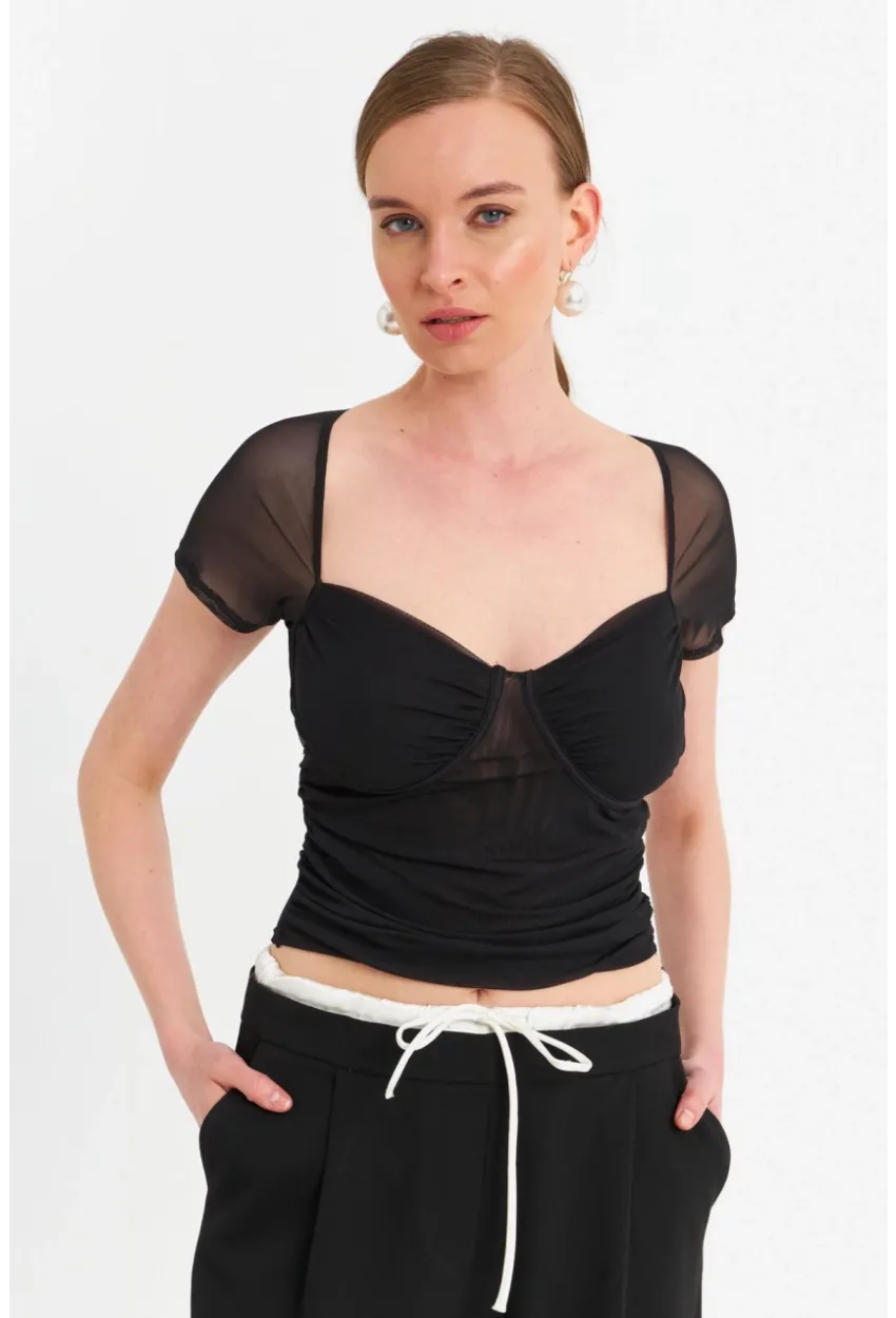 Kadın Siyah Büzgülü Tül Crop Bluz TPG04