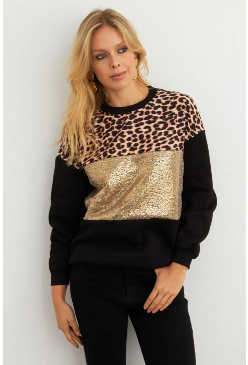 Kadın Siyah-Camel Bloklu Sweatshirt MST098