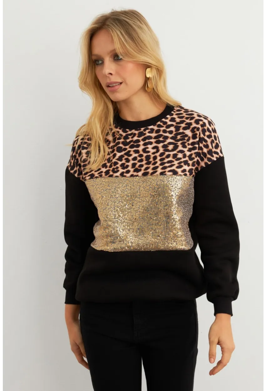 Kadın Siyah-Camel Bloklu Sweatshirt MST098