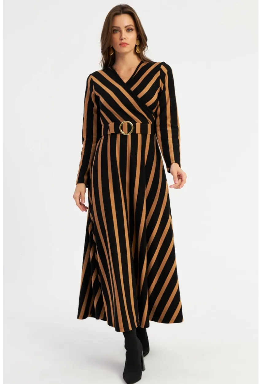 Kadın Siyah-Camel Kruveze Kemerli Maxi Elbise VTN4
