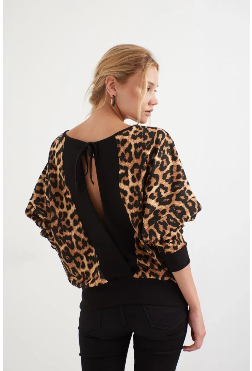 Kadın Siyah -Camel Leopar Desenli Sırtı Açık Yarasa Kol Sweatshirt B161