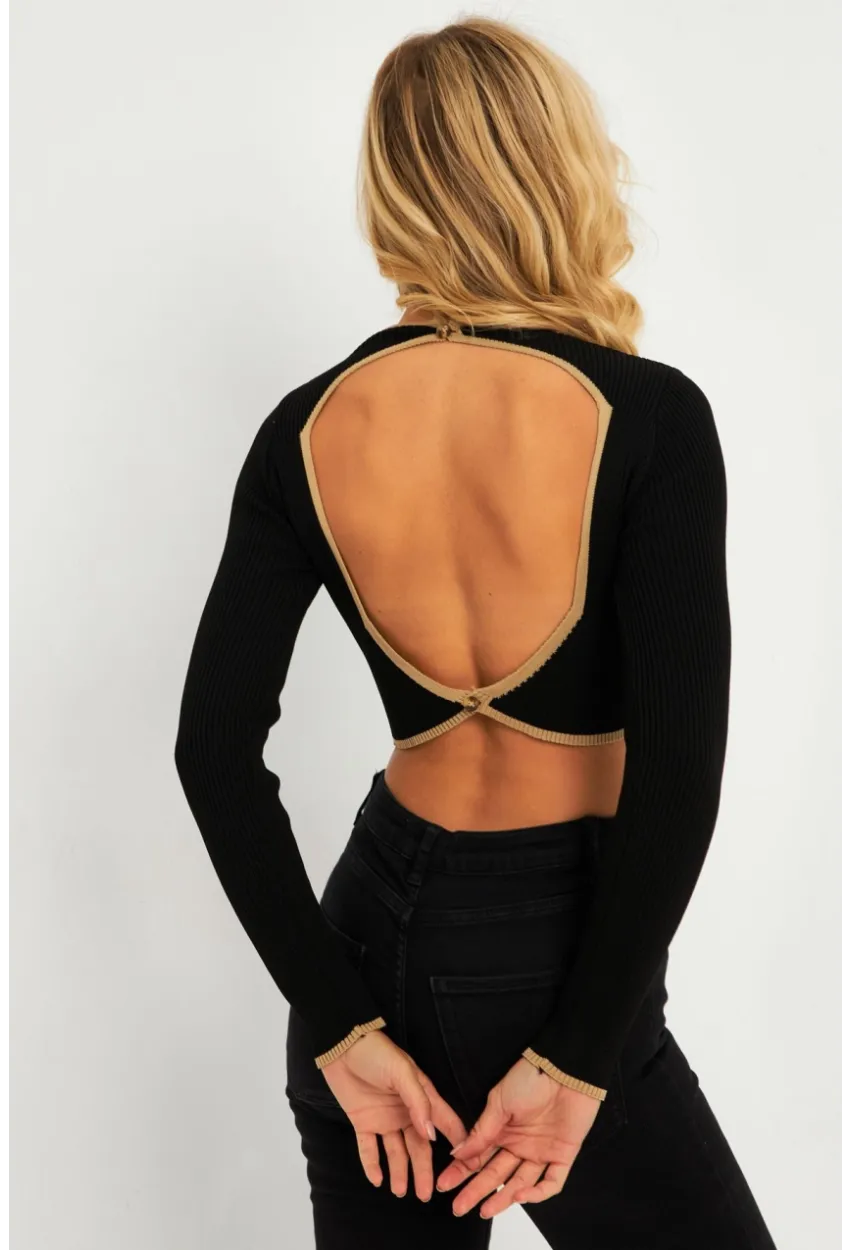 Kadın Siyah-Camel Sırtı Açık Bluz YV270