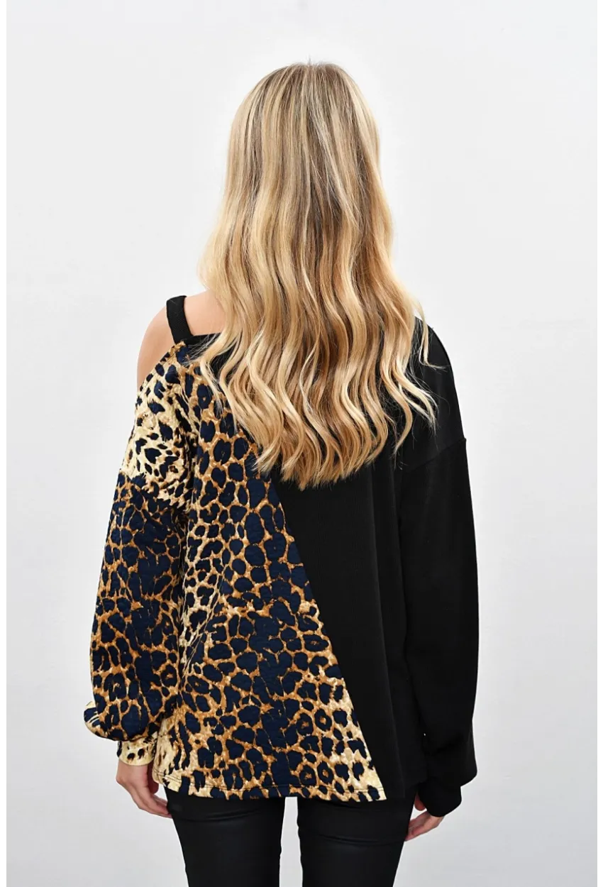 Kadın Siyah-Camel Tek Omuzu Açık Kontrast Sweatshirt Yİ1683