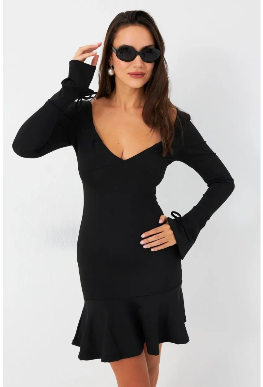 Kadın Siyah Çan Kol Mini Elbise CG386
