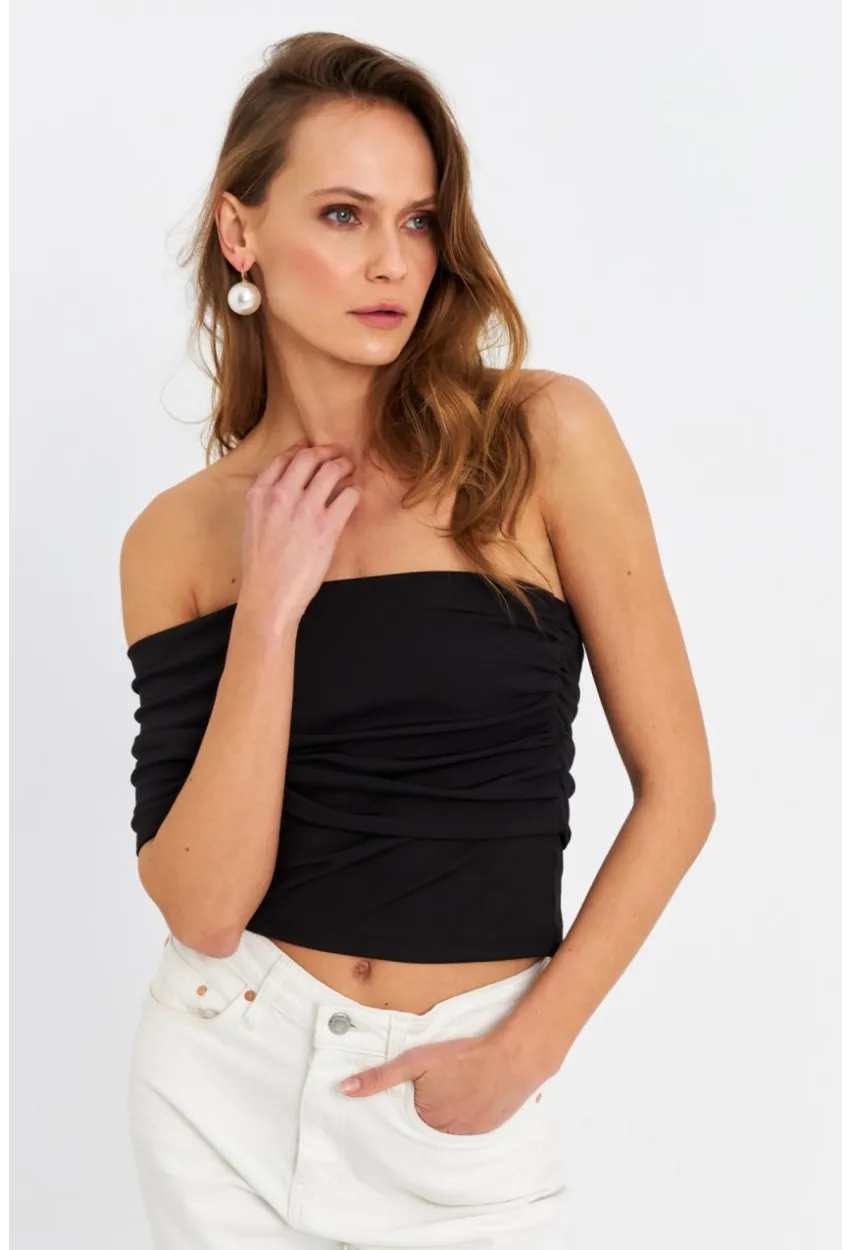 Kadın Siyah Çapraz Crop Bluz B4074-90