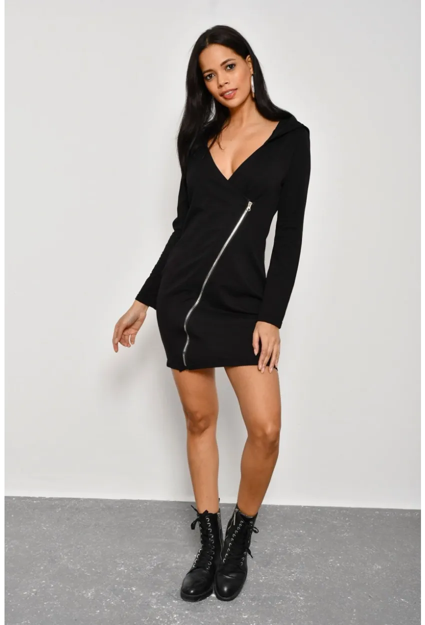 Kadın Siyah Çapraz Fermuarlı Kapüşonlu Sweat Elbise B61
