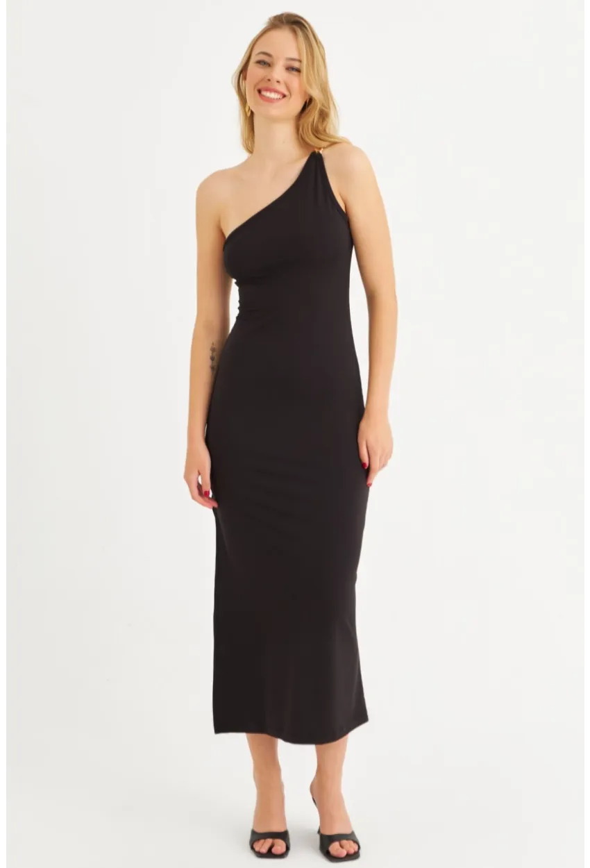 Kadın Siyah Çapraz Yaka Aksesuarlı Midi Elbise EY3088