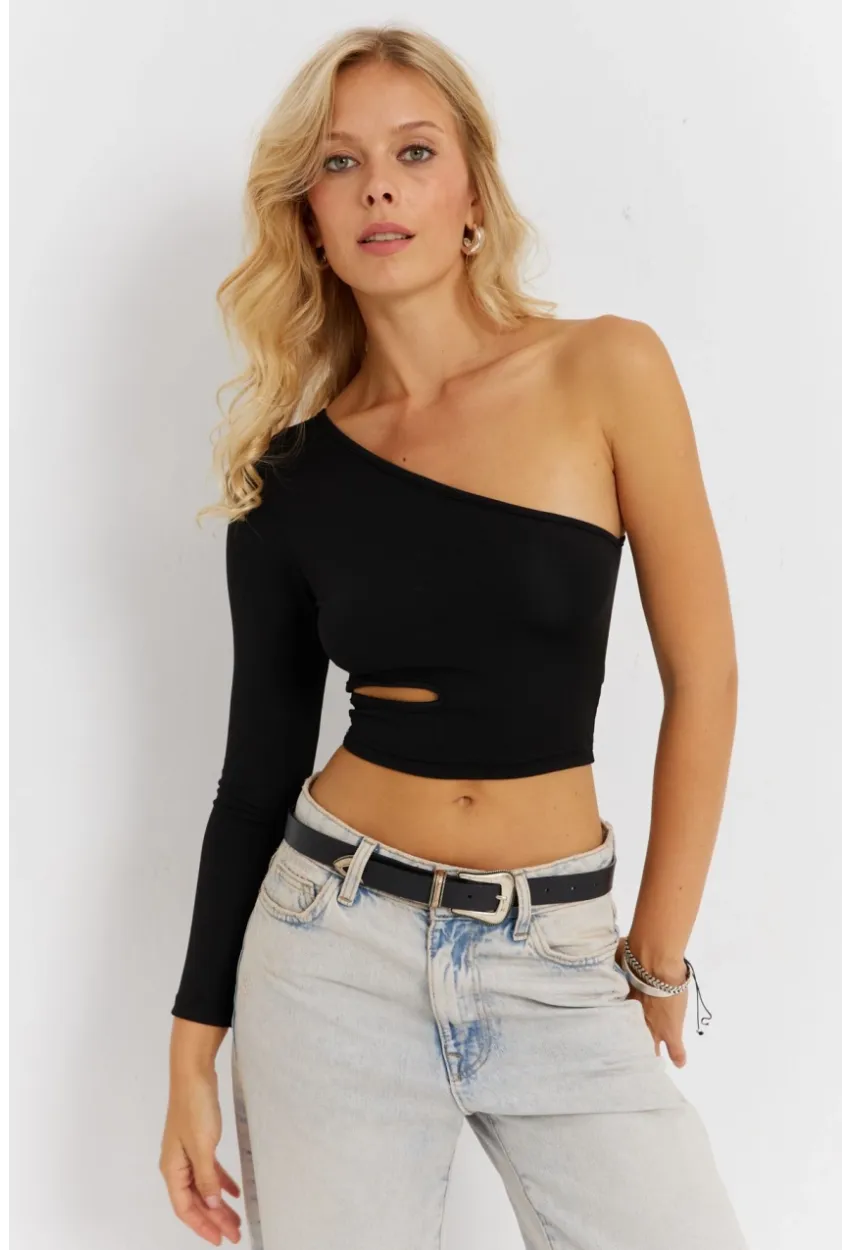 Kadın Siyah Çapraz Yaka Pencerli Crop Bluz CG366