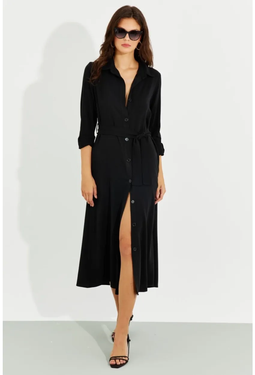 Kadın Siyah Cepli Gömlek Midi Elbise BK1683